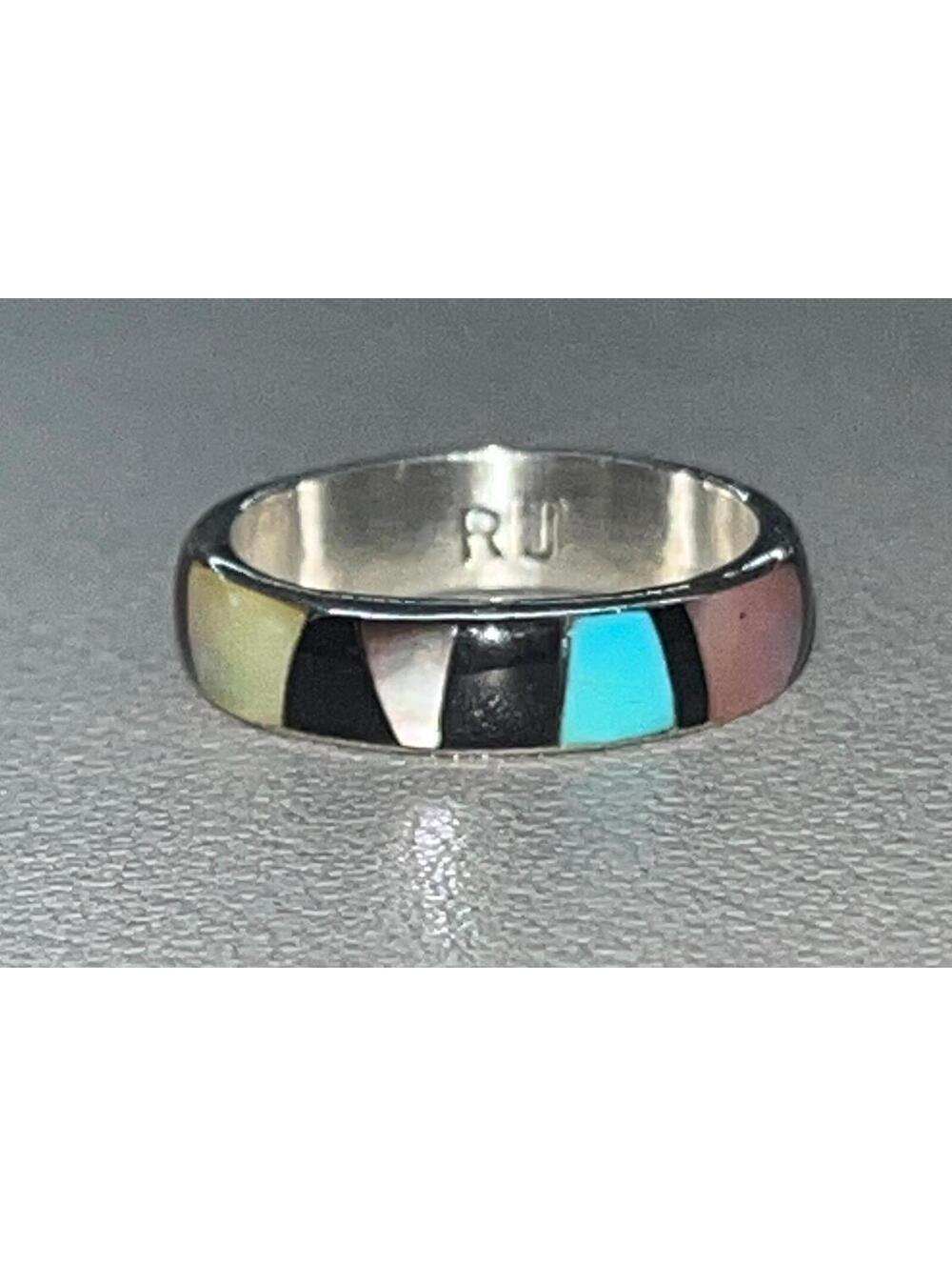 Zuni handmade sterling silver inlay band turquoise multi all around ring size 5
